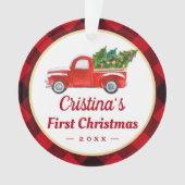 ベビー初めてのクリスマストラックレッドプレイド写真 オーナメント (正面)