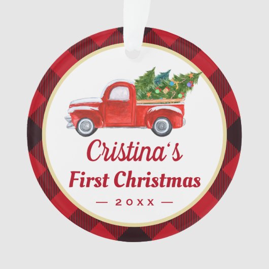 ベビー初めてのクリスマストラックレッドプレイド写真 オーナメント (正面)