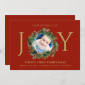 ベビー初めてのクリスマスバンドルオブジョイ赤フローラ金ゴールド シーズンカード (正面/裏面)