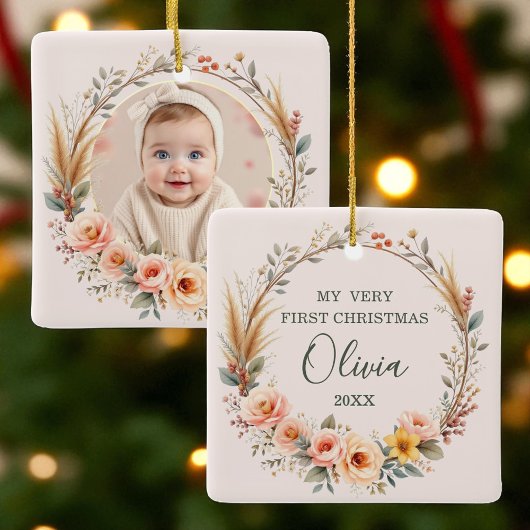 ベビー初めてのクリスマスパンパスグラスワイルドフラワーボホ セラミックオーナメント