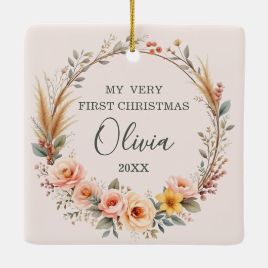ベビー初めてのクリスマスパンパスグラスワイルドフラワーボホ セラミックオーナメント (裏面)