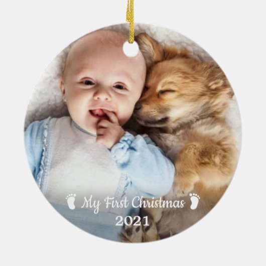ベビー初めてのクリスマスパーソナライズされたシンプル写真 セラミックオーナメント (裏面)