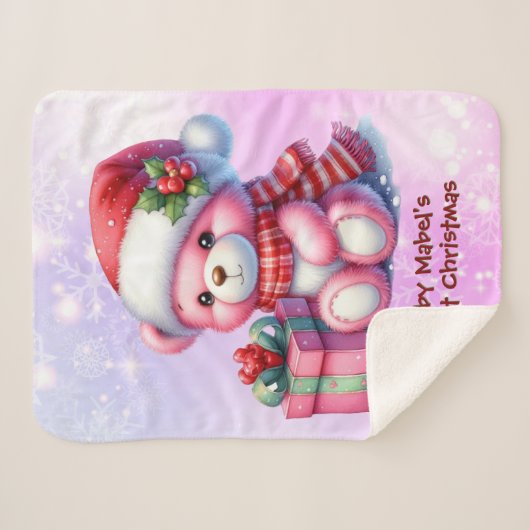 ベビー初めてのクリスマスピンクとレッドテディベア シェルパブランケット (正面(横))
