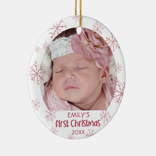 ベビー初めてのクリスマスピンクスノーフレークガールネーム セラミックオーナメント (右)