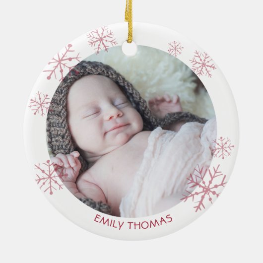 ベビー初めてのクリスマスピンクスノーフレークガールネーム セラミックオーナメント (裏面)