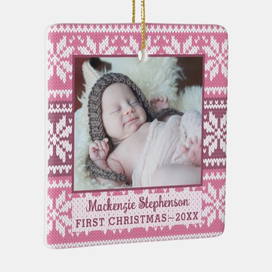 ベビー初めてのクリスマスピンクスノーフレークセーター写真 セラミックオーナメント (右)