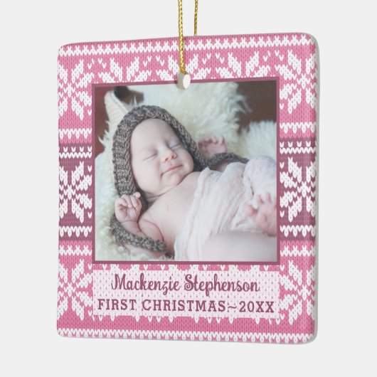 ベビー初めてのクリスマスピンクスノーフレークセーター写真 セラミックオーナメント (左)