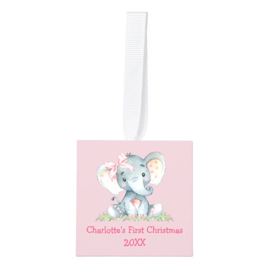 ベビー初めてのクリスマスフォトウォーターカラーエレファントボウ キューブオーナメント (正面)