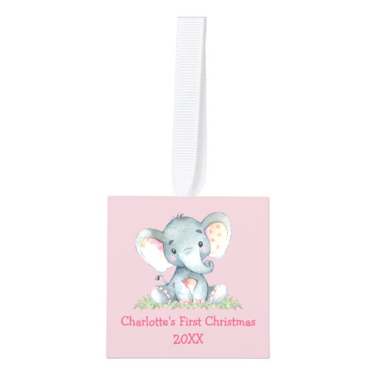 ベビー初めてのクリスマスフォトウォーターカラーエレファント キューブオーナメント (正面)