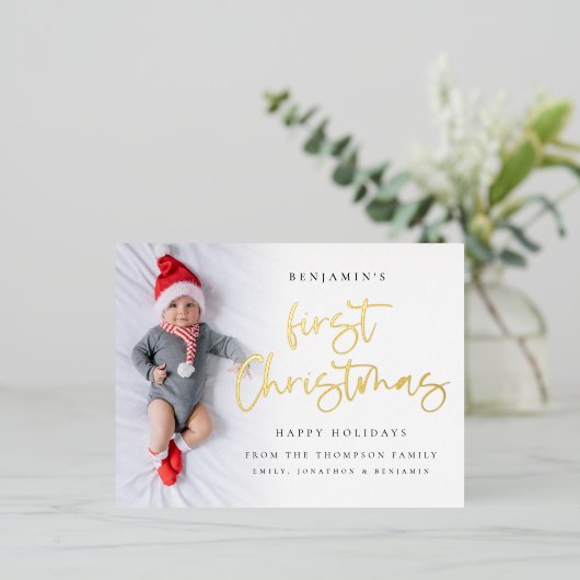 ベビー初めてのクリスマスフォトオーバーレイ実在 箔シーズンポストカード (立ち正面)
