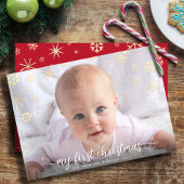 ベビー初めてのクリスマスフォトスクリプト金ゴールドスノーフレーク シーズンカード