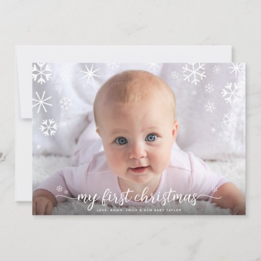 ベビー初めてのクリスマスフォトスノーフレークタイポグラフィ シーズンカード (正面)