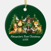 ベビー初めてのクリスマスフォレストアニマルズグリーンボウ セラミックオーナメント (正面)