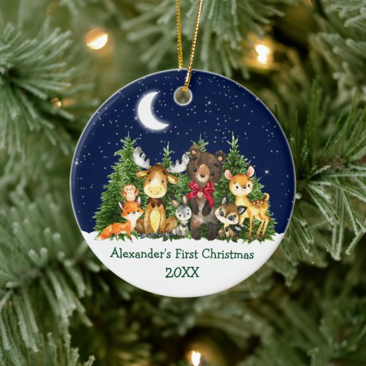 ベビー初めてのクリスマスフォレストアニマルズレッドボウ セラミックオーナメント (ツリー)