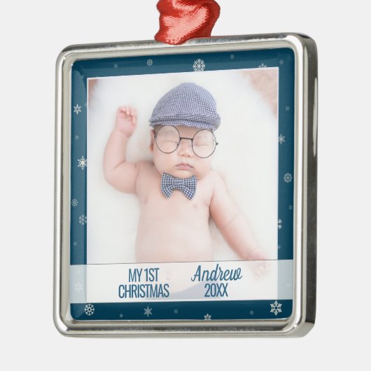 ベビー初めてのクリスマスブルーとフォトスノーフレーク メタルオーナメント (左)