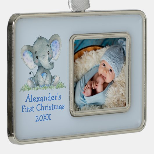 ベビー初めてのクリスマスブルーエレファントフォト シルバープレートフレームオーナメント (右)
