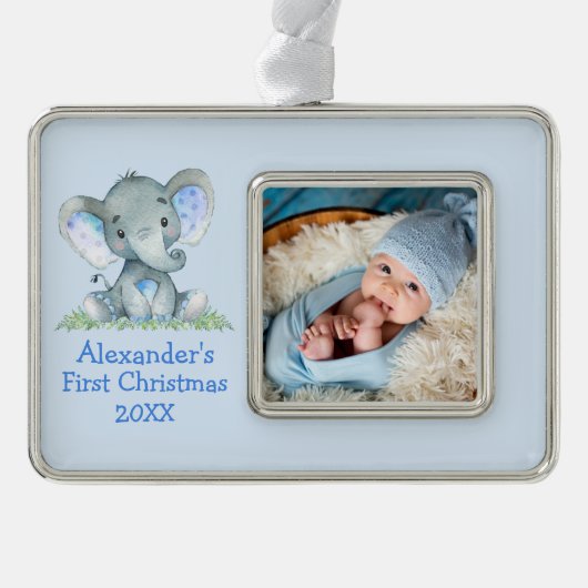 ベビー初めてのクリスマスブルーエレファントフォト シルバープレートフレームオーナメント (正面)