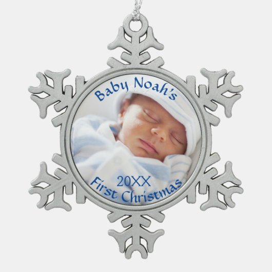 ベビー初めてのクリスマスブルーオーナメント スノーフレークピューターオーナメント (正面)