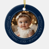 ベビー初めてのクリスマスブルーモダン2枚の写真生まれたばかりの セラミックオーナメント (正面)