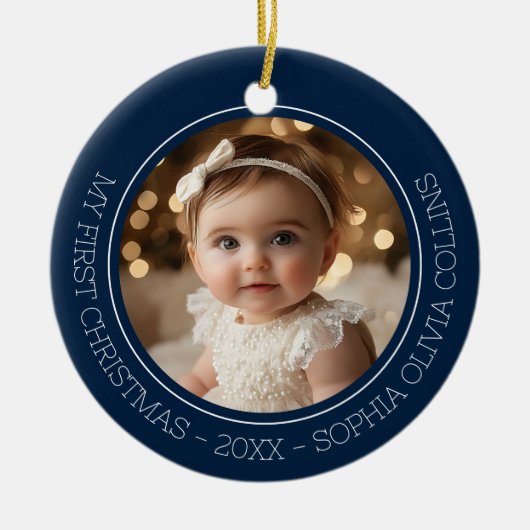 ベビー初めてのクリスマスブルーモダン2枚の写真生まれたばかりの セラミックオーナメント (正面)