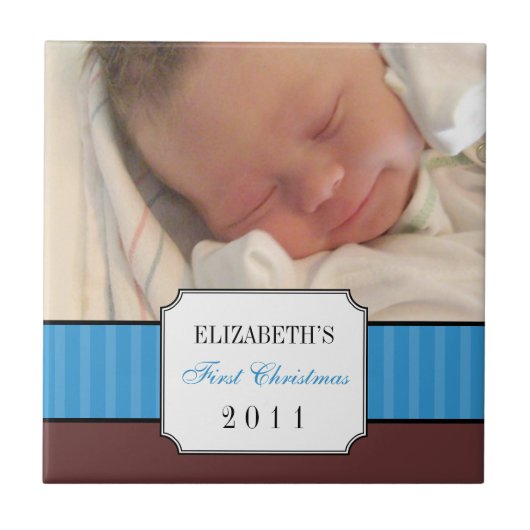 ベビー初めてのクリスマスブルーリボンストライプキープサウ タイル (正面)