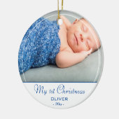 ベビー初めてのクリスマスブルー男の赤ちゃん写真 セラミックオーナメント (左)