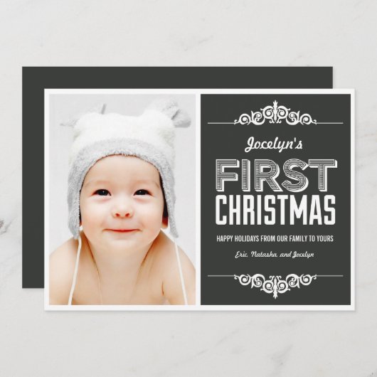 ベビー初めてのクリスマスホリデーカード – 木炭 招待状 (正面/裏面)