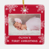 ベビー初めてのクリスマスホワイトスノーフレーク2フォトレッド セラミックオーナメント (正面)