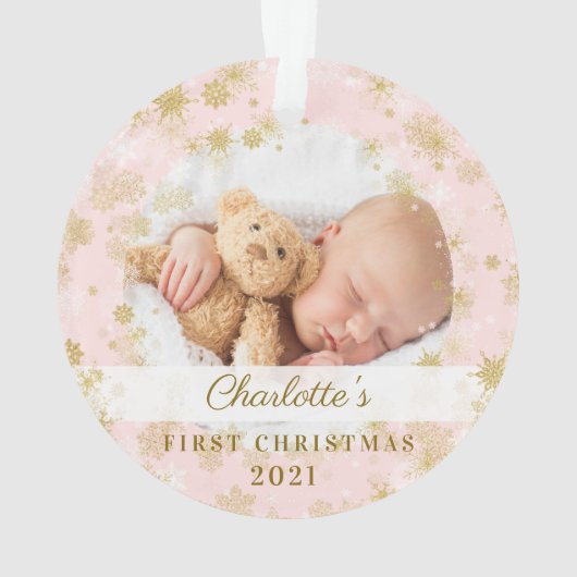 ベビー初めてのクリスマスマジカル金ゴールド雪片フォト オーナメント (裏面)