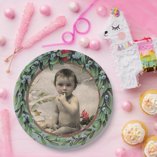 ベビー初めてのクリスマスミストレトゥーズ写真テンプレート ペーパープレート (パーティー)