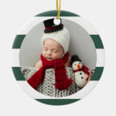 ベビー初めてのクリスマスモダンの緑のストライプ写真 セラミックオーナメント (正面)