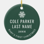 ベビー初めてのクリスマスモダンの緑のストライプ写真 セラミックオーナメント (裏面)