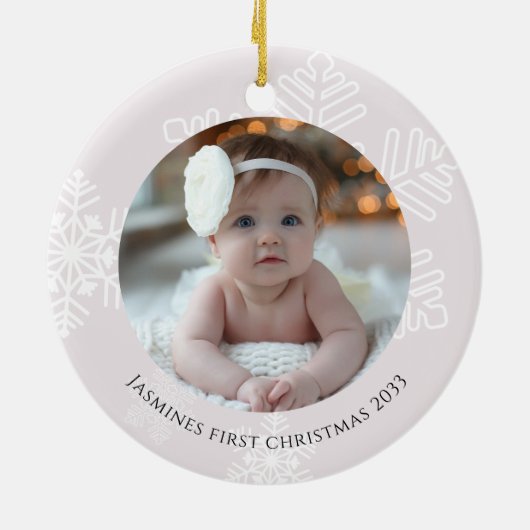 ベビー初めてのクリスマスモダンスノーフレーク写真 セラミックオーナメント (裏面)