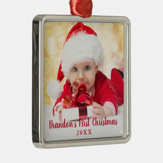 ベビー初めてのクリスマスレッドスクリプトフォトスクエア メタルオーナメント (右)