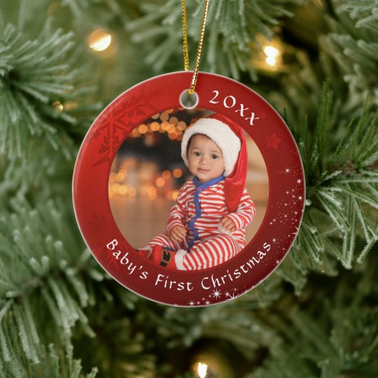 ベビー初めてのクリスマスレッドスノーフレークスターズ2枚の写真 セラミックオーナメント (ツリー)