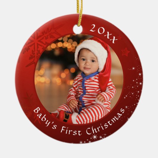 ベビー初めてのクリスマスレッドスノーフレークスターズ2枚の写真 セラミックオーナメント (正面)