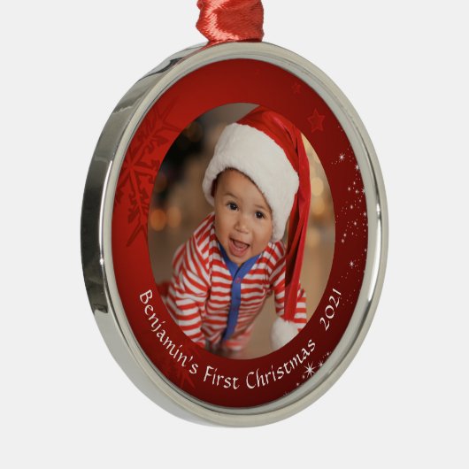 ベビー初めてのクリスマスレッドスノーフレークフォトキープサケ メタルオーナメント (右)