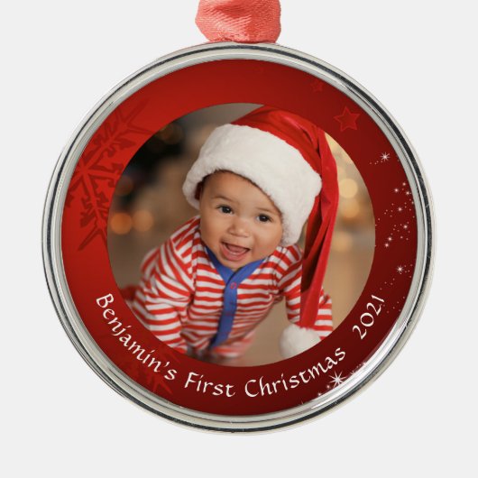 ベビー初めてのクリスマスレッドスノーフレークフォトキープサケ メタルオーナメント (正面)