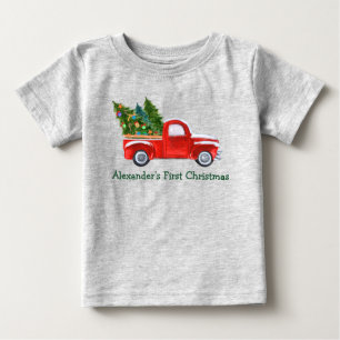 ベビー初めてのクリスマスレッドトラックグリーン名グレー ベビーTシャツ