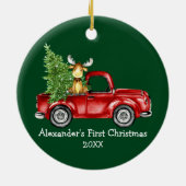 ベビー初めてのクリスマスレッドトラックムースグリーンラウンド セラミックオーナメント (裏面)