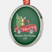 ベビー初めてのクリスマスレッドトラックムースグリーンラウンド メタルオーナメント (左)