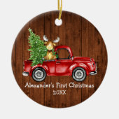 ベビー初めてのクリスマスレッドトラックムースフォトバックrd セラミックオーナメント (正面)