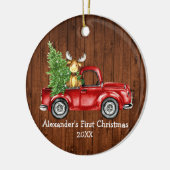 ベビー初めてのクリスマスレッドトラックムースフォトバックrd セラミックオーナメント (左)