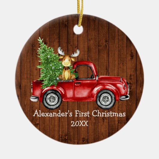 ベビー初めてのクリスマスレッドトラックムース素朴ラウンド セラミックオーナメント (正面)