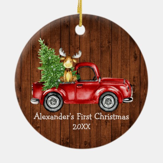 ベビー初めてのクリスマスレッドトラックムース素朴ラウンド セラミックオーナメント (裏面)