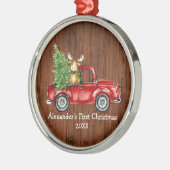 ベビー初めてのクリスマスレッドトラックムース素朴ラウンド メタルオーナメント (左)