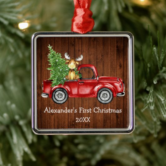 ベビー初めてのクリスマスレッドトラックムース素朴 メタルオーナメント (ツリー)