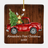 ベビー初めてのクリスマスレッドトラックム素朴ース セラミックオーナメント (裏面)