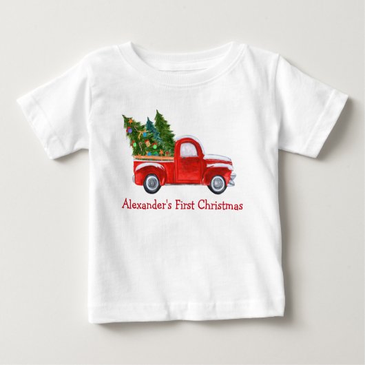 ベビー初めてのクリスマスレッドトラックレッド名 ベビーTシャツ (正面)