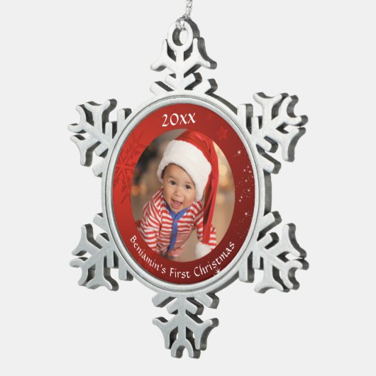 ベビー初めてのクリスマスレッドフォトスノーフレーク スノーフレークピューターオーナメント (右)
